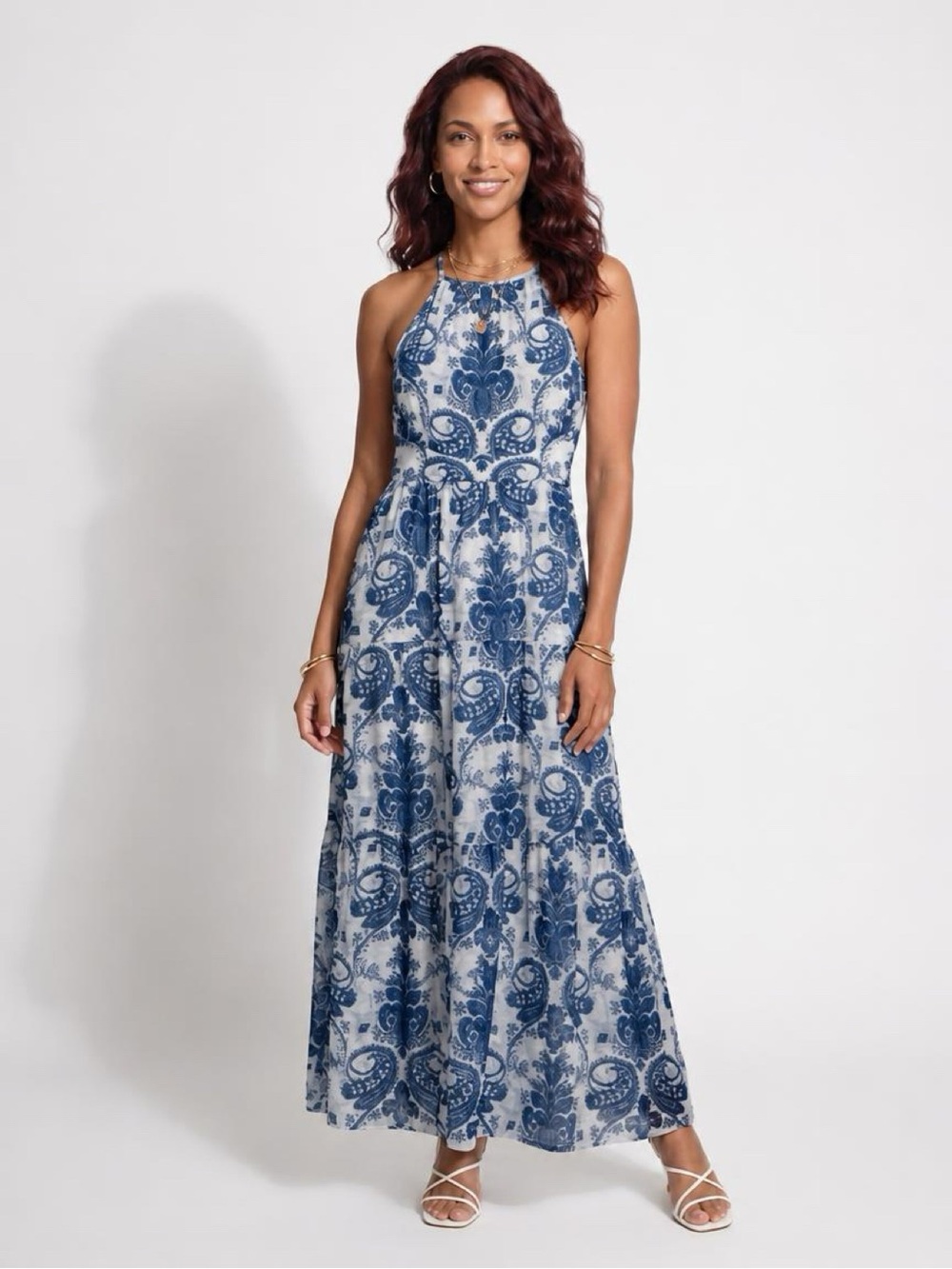Bisou Bisou Blue and White Halter Maxi Sundress